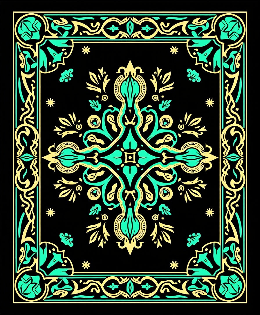 Black Teal Gold Baroque Medallion Rug