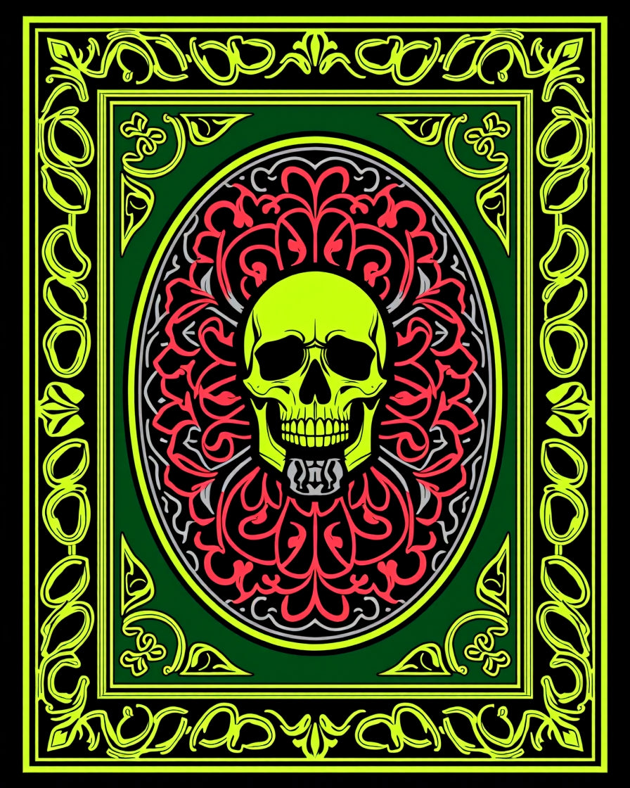 Neon Skull Amidst Floral Mandala Red Rug