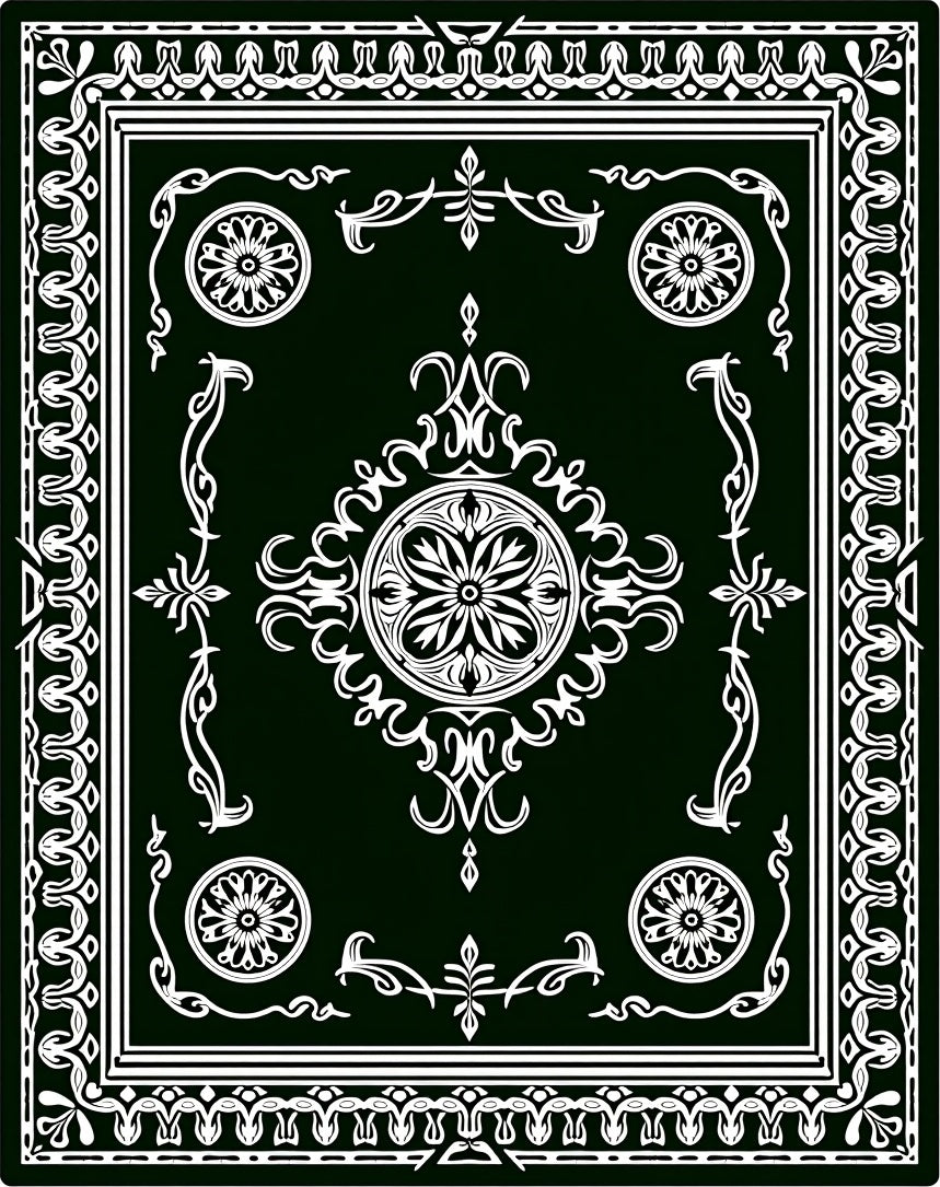 Dark Green White Filigree Medallion Rug