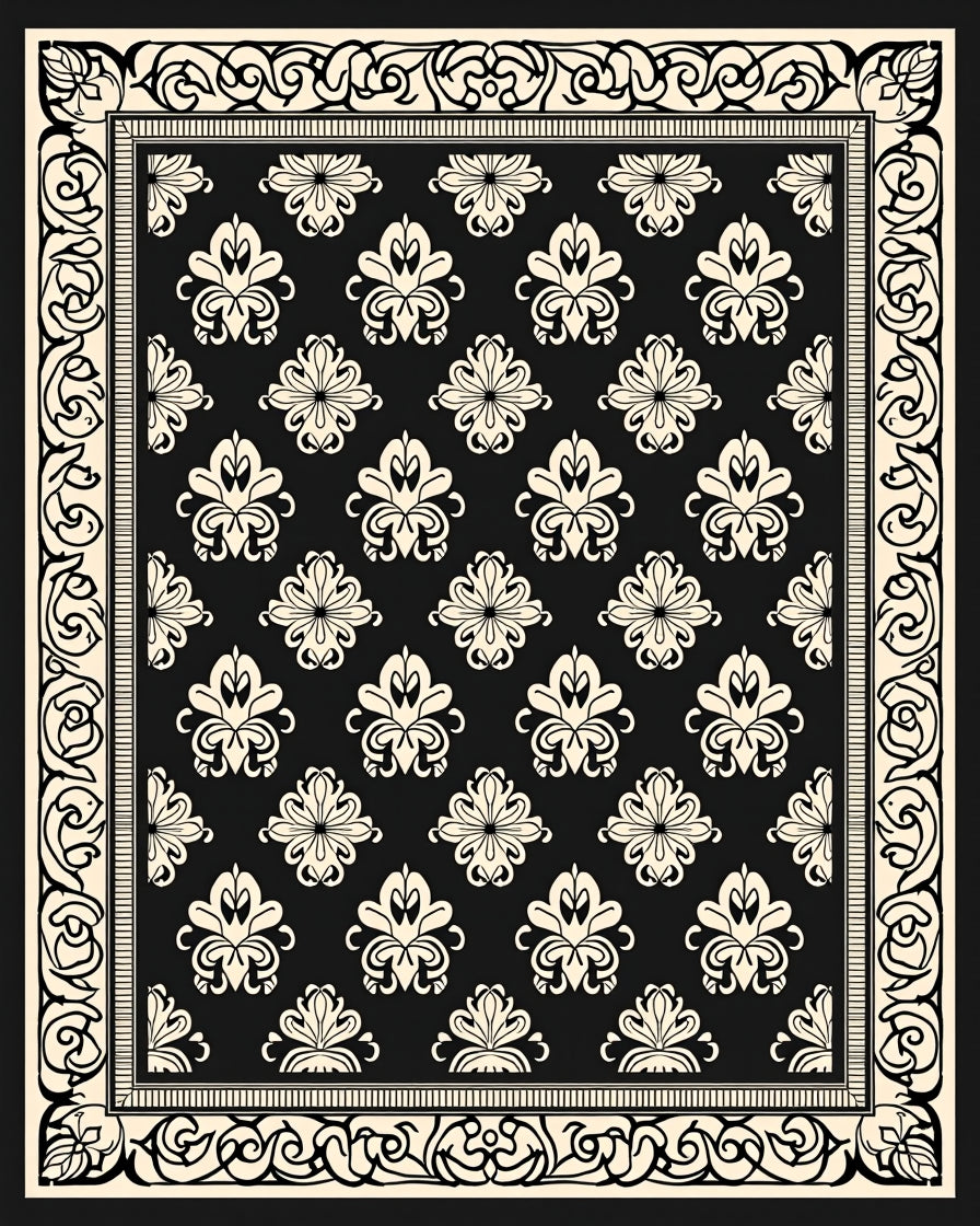 Damask Floral Scrolling Border Pattern Rug