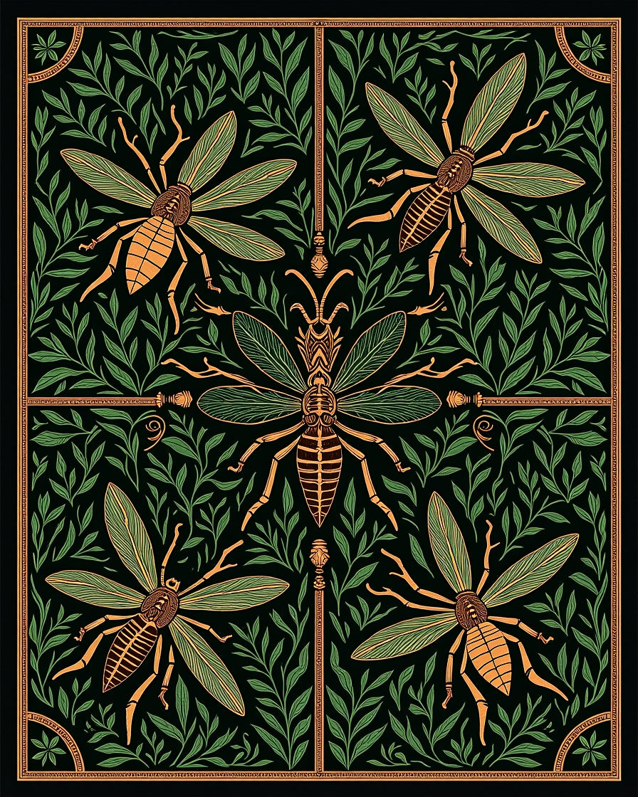 Antique Emerald Insect Foliage Art Rug