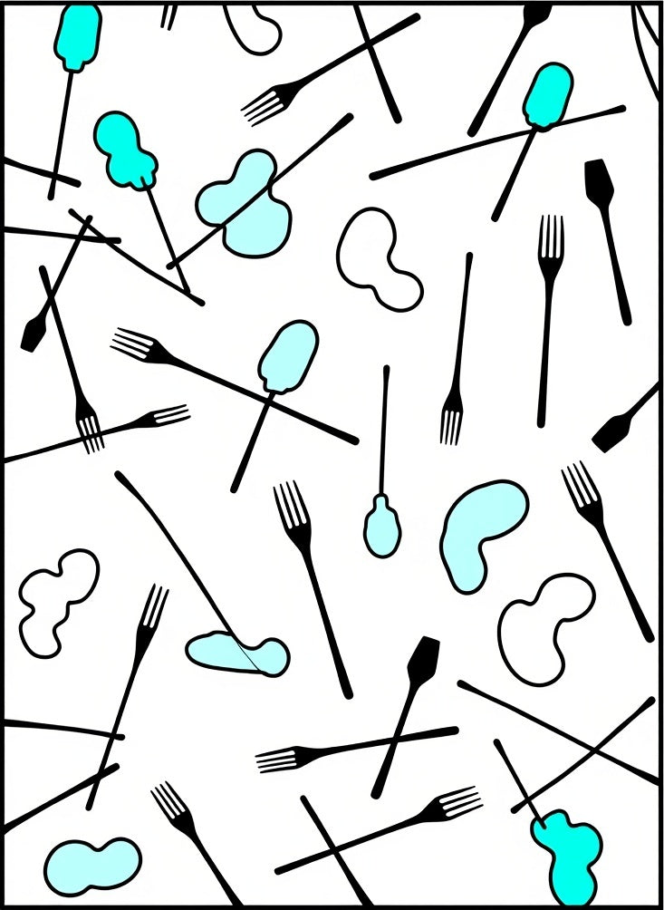 Playful Aqua Blob and Fork Collage Rug