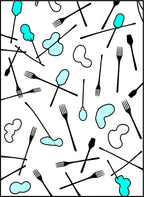 Playful Aqua Blob and Fork Collage Rug