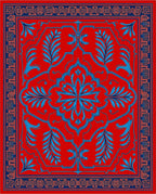 Vibrant Red Blue Floral Medallion Pattern Rug