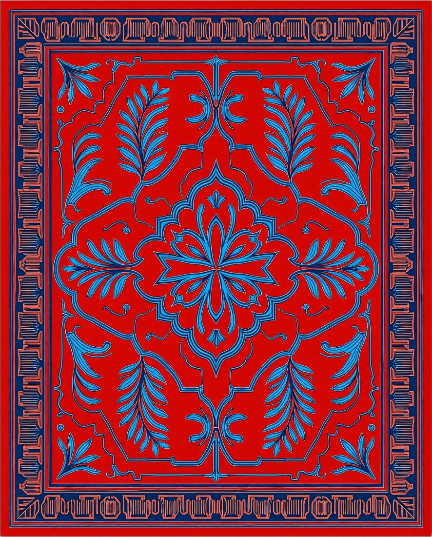 Vibrant Red Blue Floral Medallion Pattern Rug