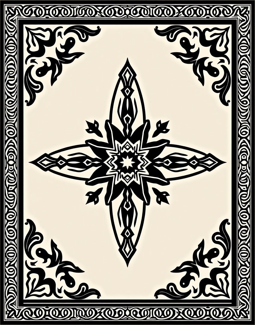 Intricate Black Floral Border Design Rug