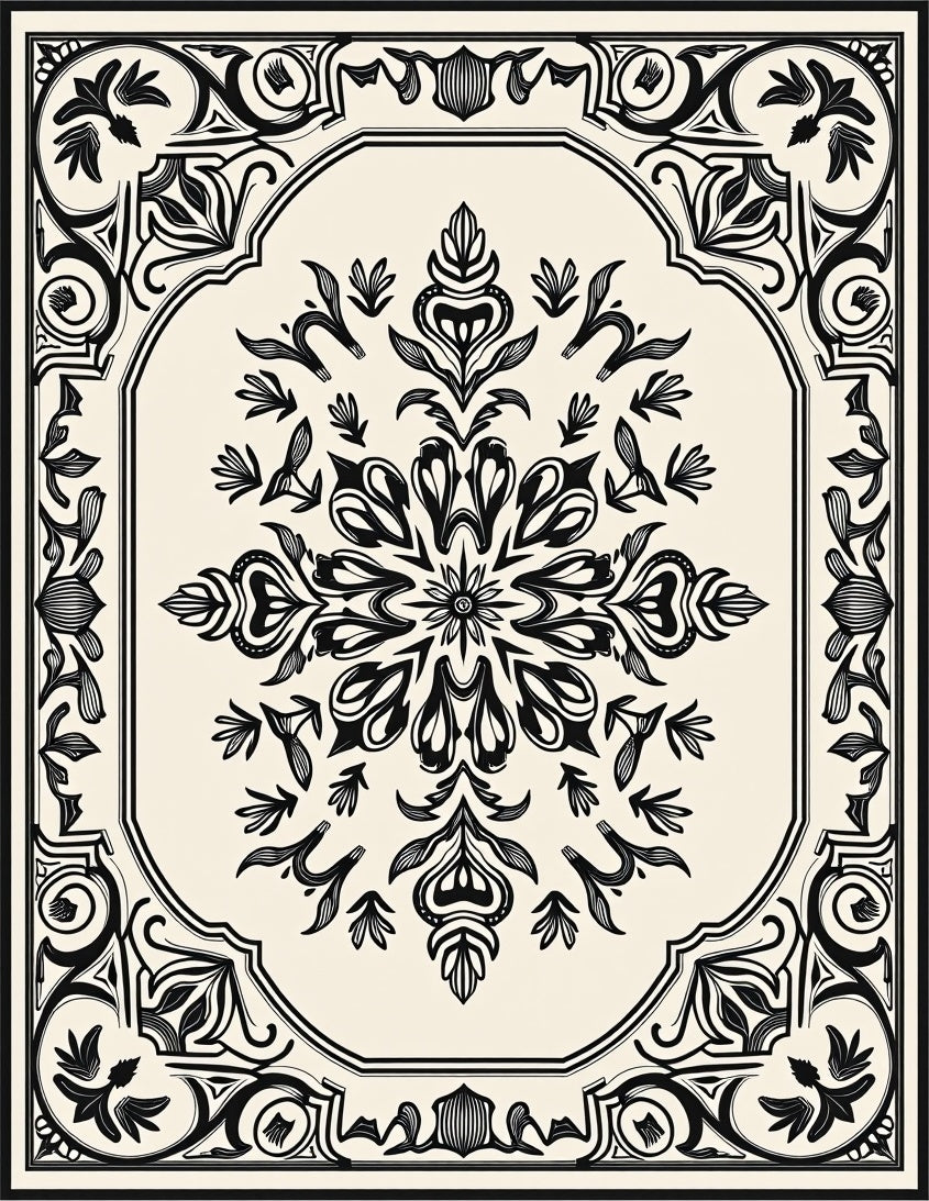 Intricate Black Floral Scroll Medallion Rug