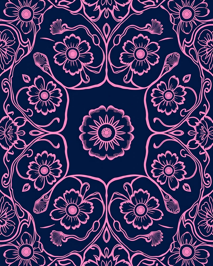 Ornate Pink Floral Symmetry Design Rug