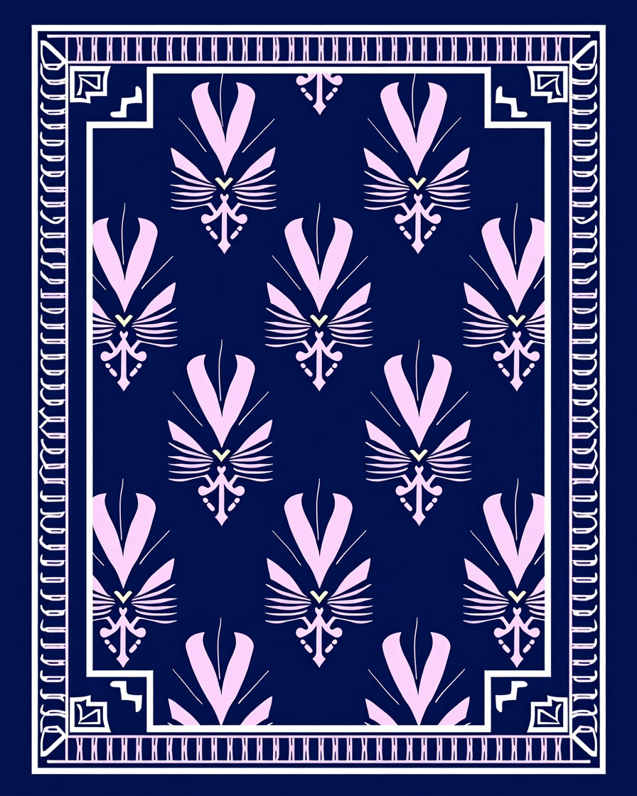Pink Fan Pattern Navy Decorative Rug