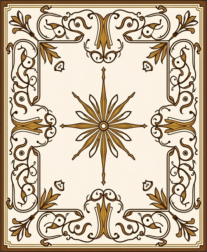 Ornate Brown Gold Floral Border Rug