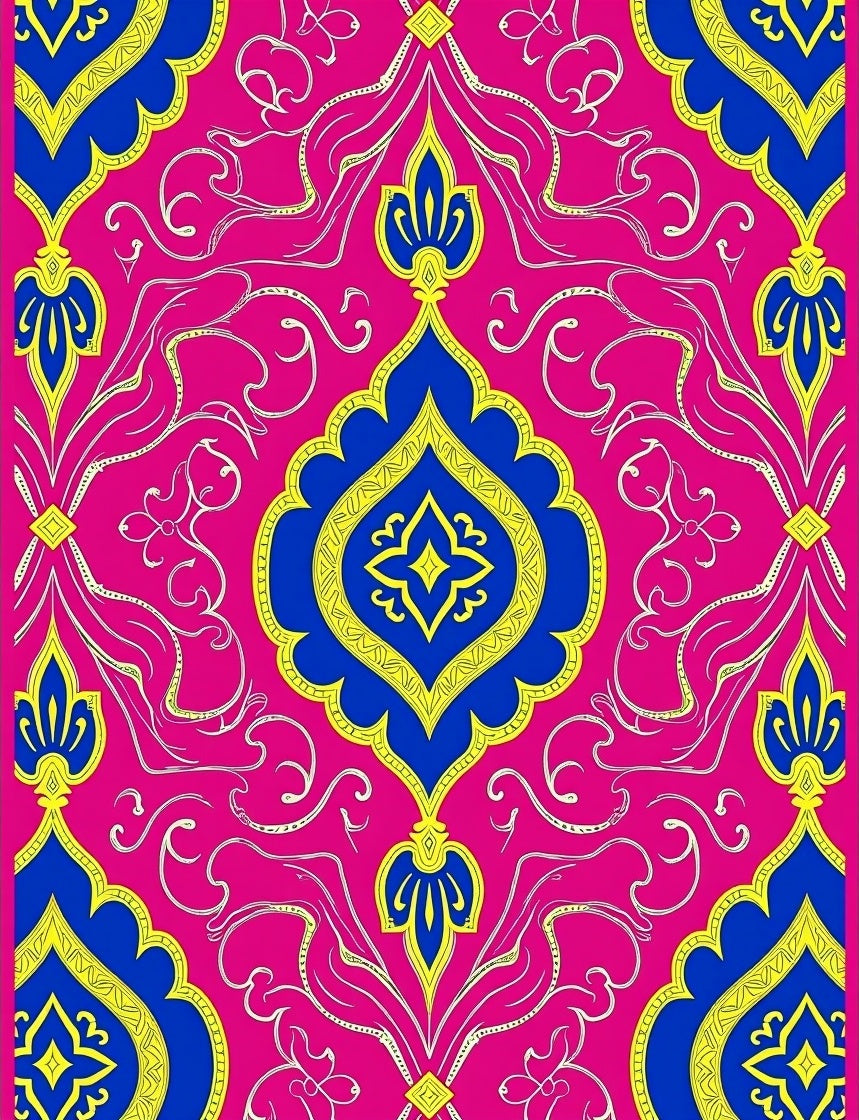 Vivid Pink Blue Yellow Floral Scroll Rug