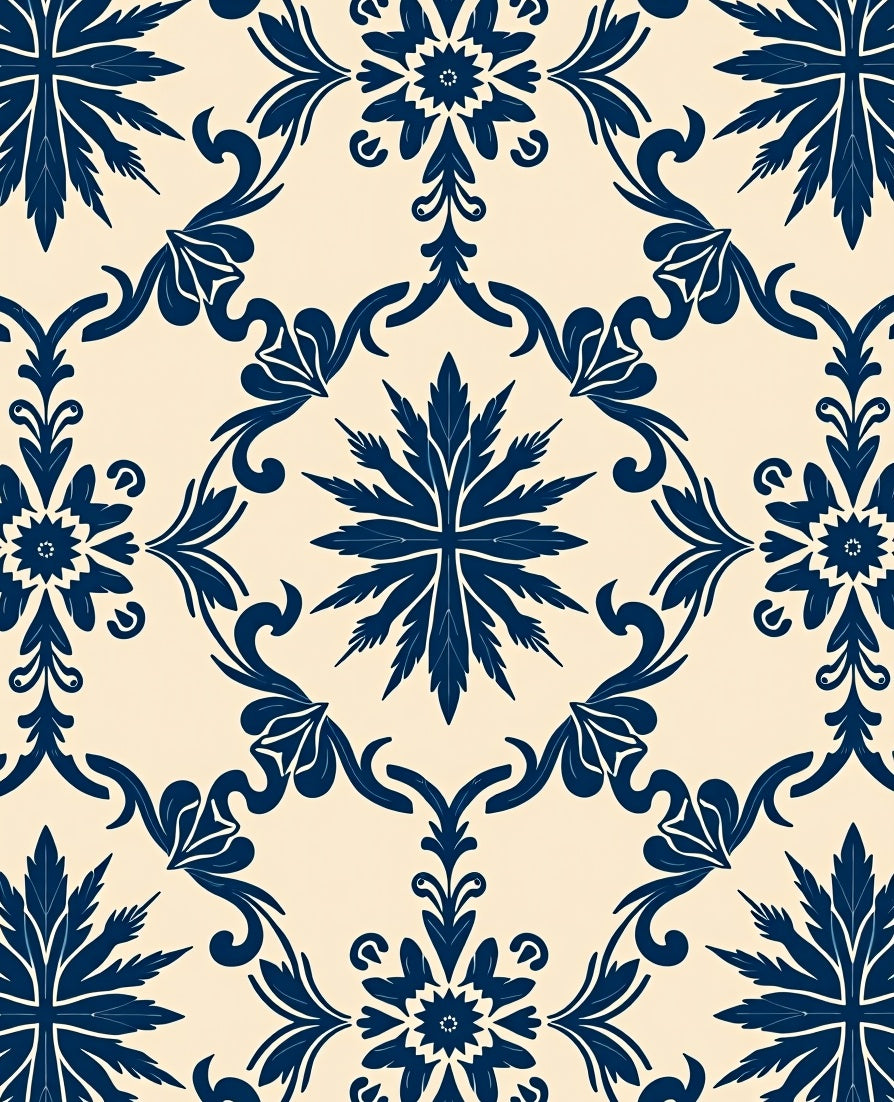 Navy Floral Damask Scroll Pattern Rug