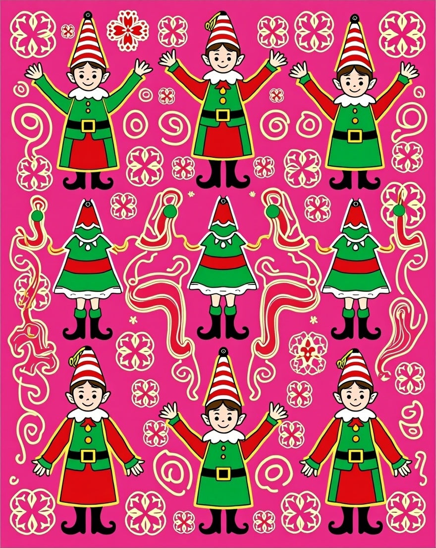 Pink Elf Holiday Festive Whimsical Characters Rug