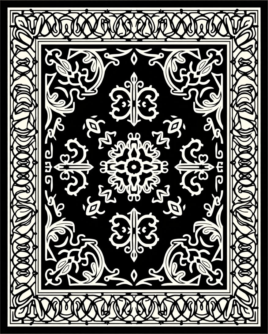 Intricate Black White Floral Border Rug