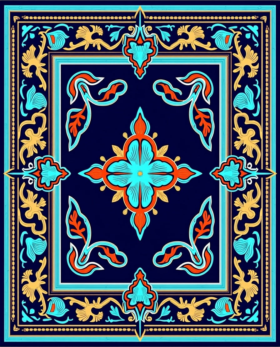 Ornate Floral Medallion Navy Pattern Rug