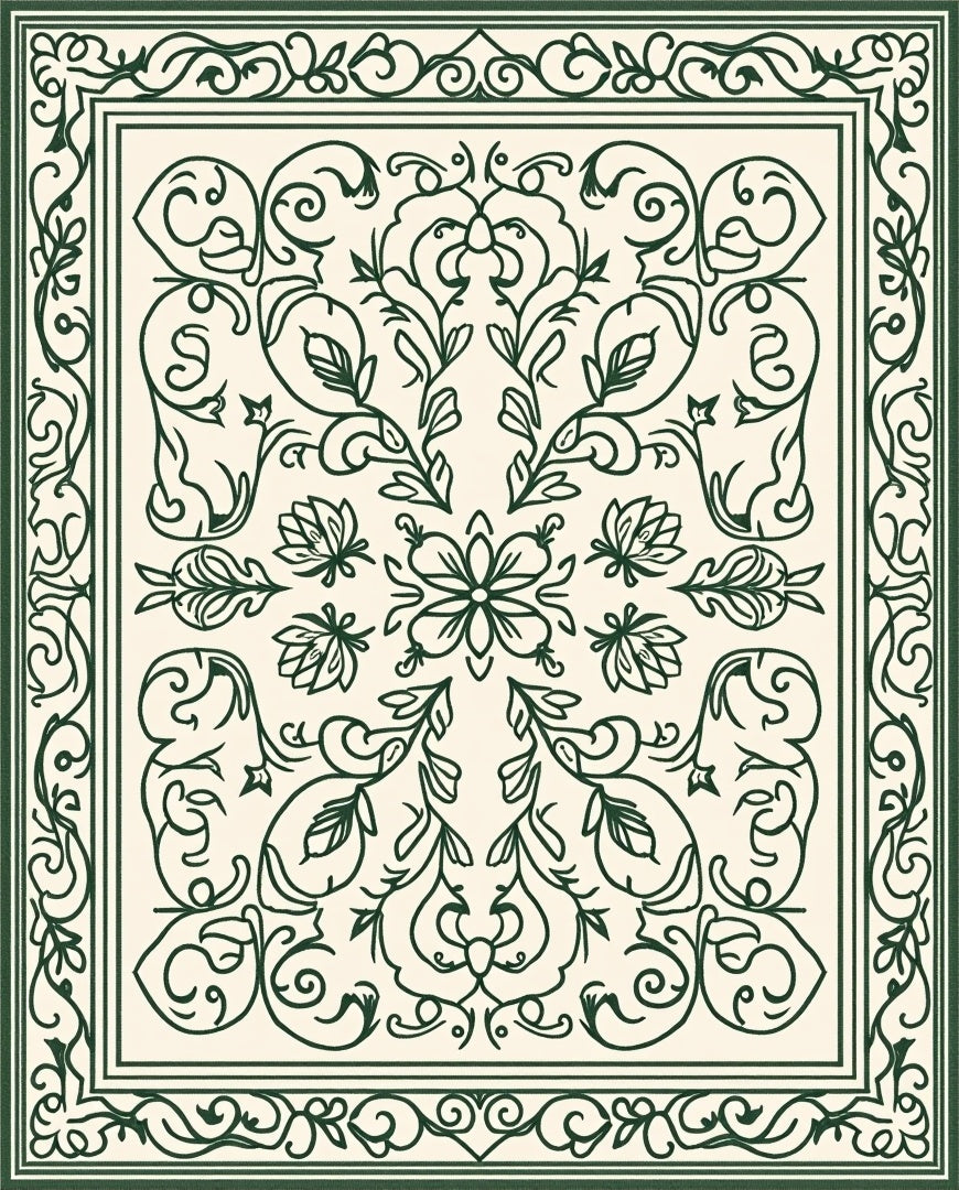 Intricate Dark Green Floral Scroll Pattern Rug