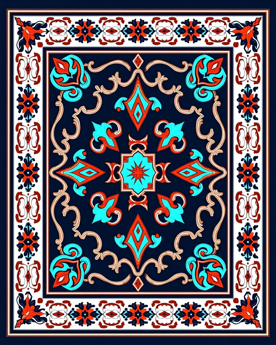 Ornate Teal Coral Floral Pattern Rug