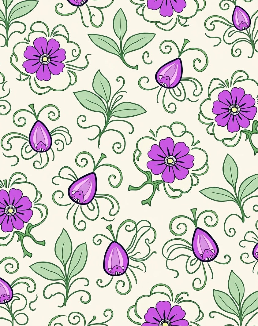 Purple Floral Whimsical Vine Design Rug