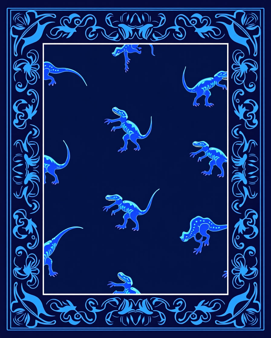 Blue Dinosaur Patterned Blue Border Rug