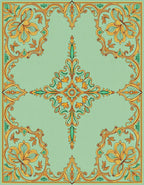 Mint Green Golden Floral Scroll Medallion Rug