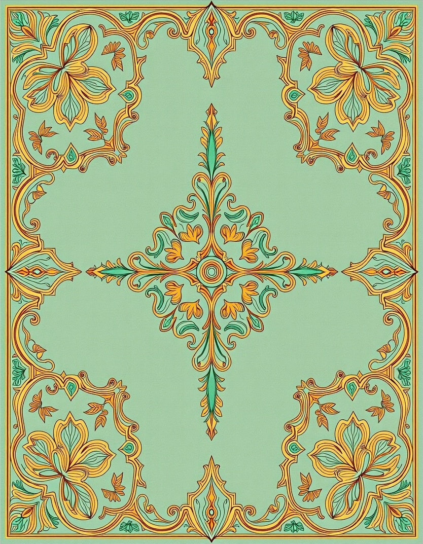 Mint Green Golden Floral Scroll Medallion Rug