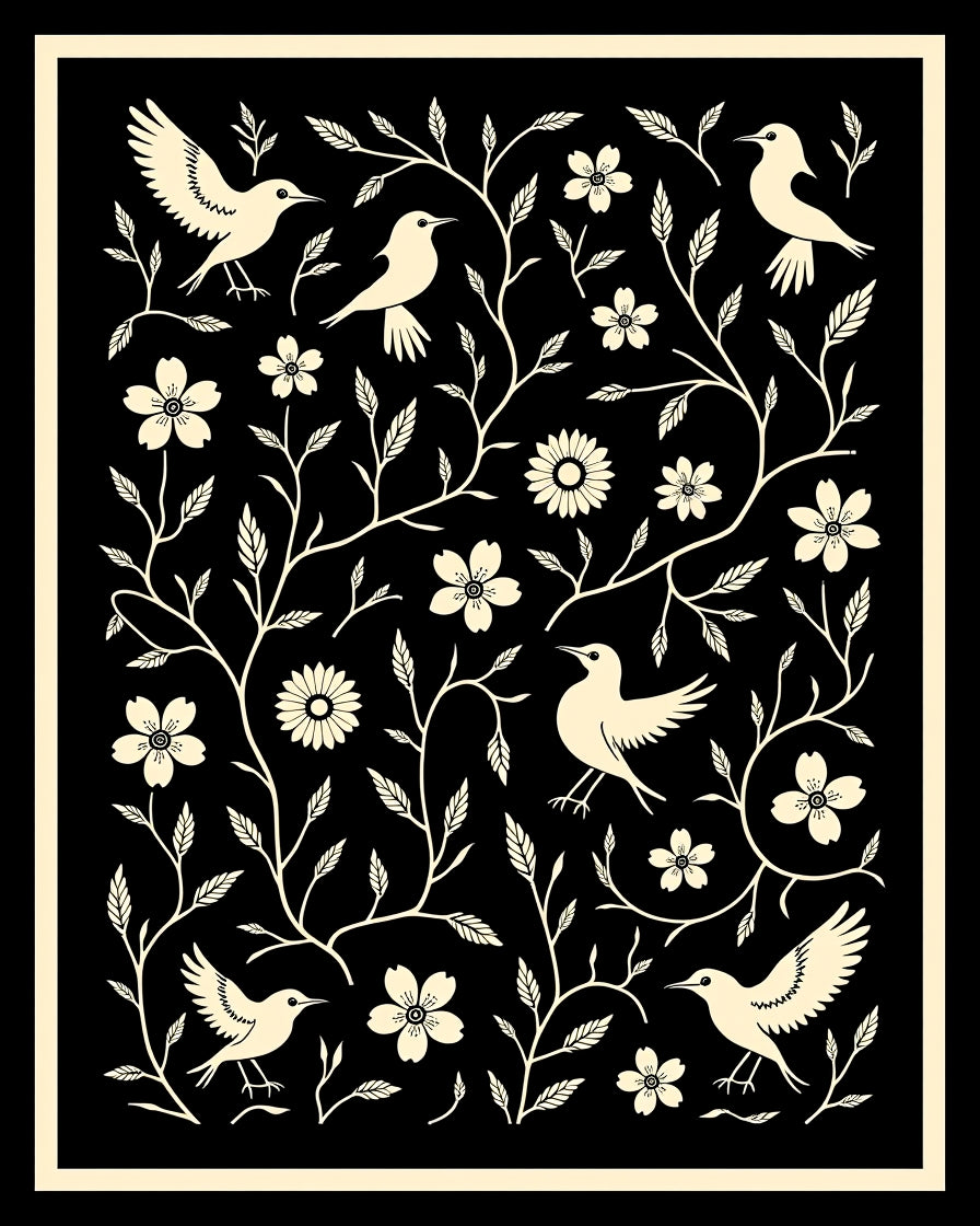 Birds and Flowers Whimsical Folk Art Rug