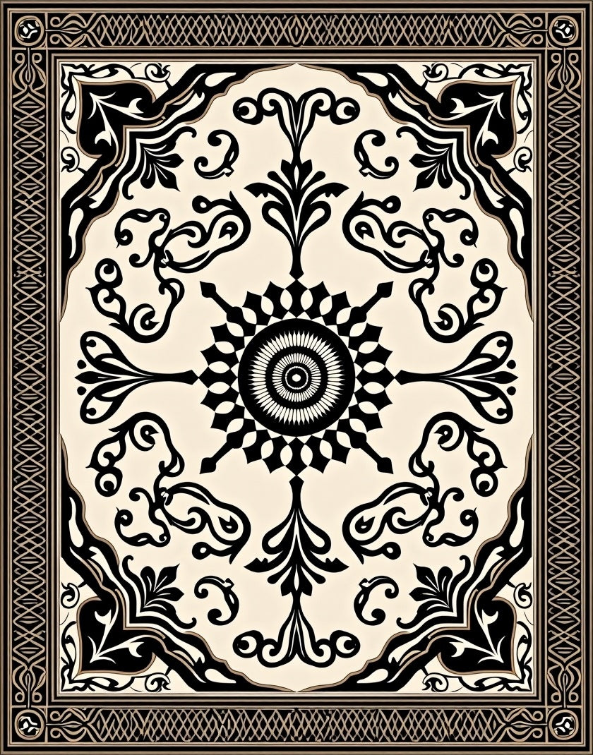 Ornate Black and Cream Scroll Pattern Rug