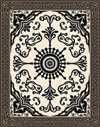 Ornate Black and Cream Scroll Pattern Rug