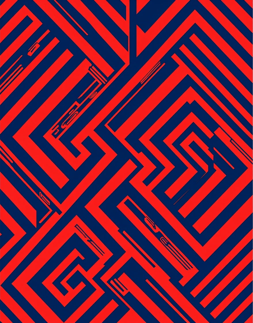 Red Blue Geometric Maze Pattern Rug