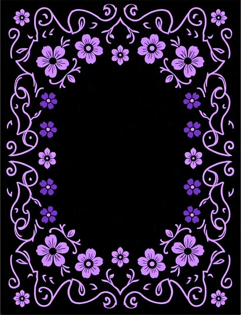 Lavender Floral Frame Black Rug