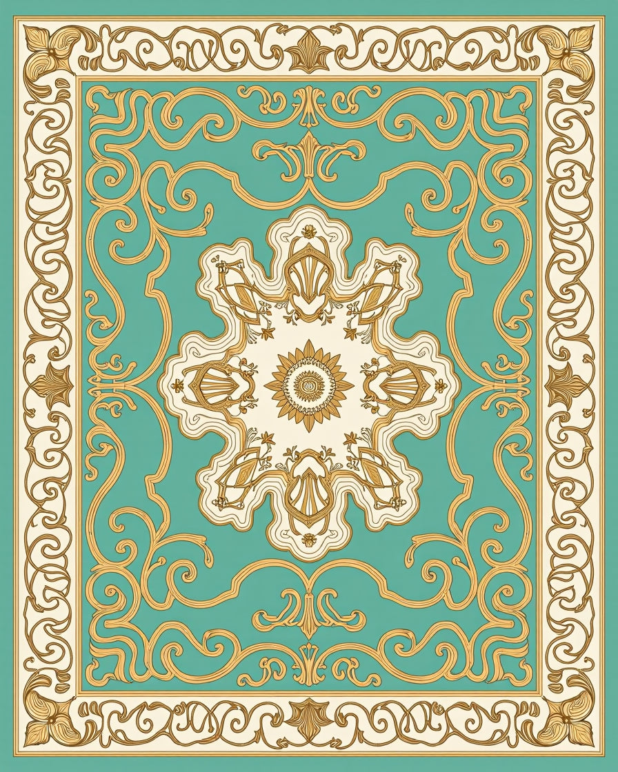 Elegant Gold Aqua Floral Medallion Pattern Rug