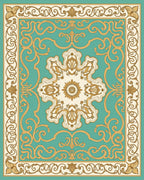 Elegant Gold Aqua Floral Medallion Pattern Rug