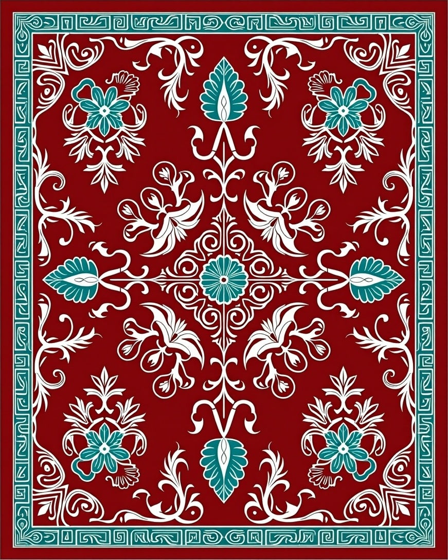 Ornate Floral Red Teal Design Rug