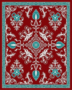 Ornate Floral Red Teal Design Rug