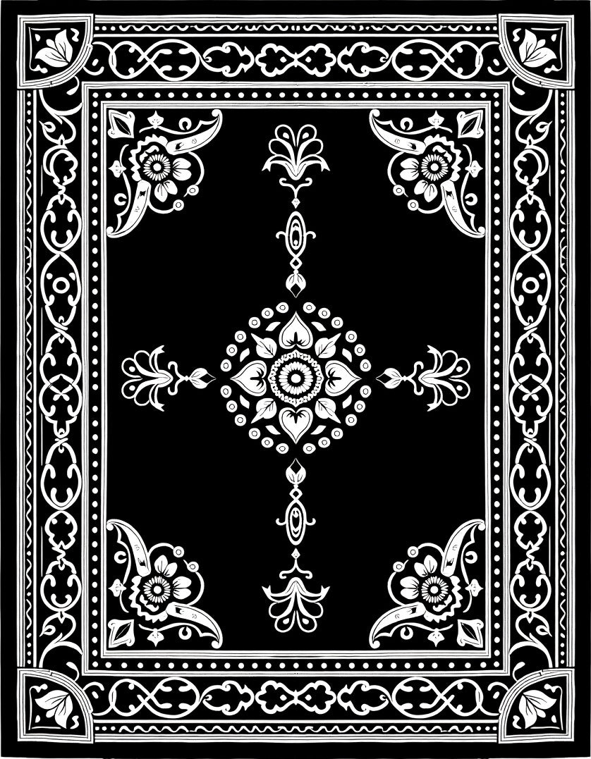 Classic Floral Medallion Black and White Rug