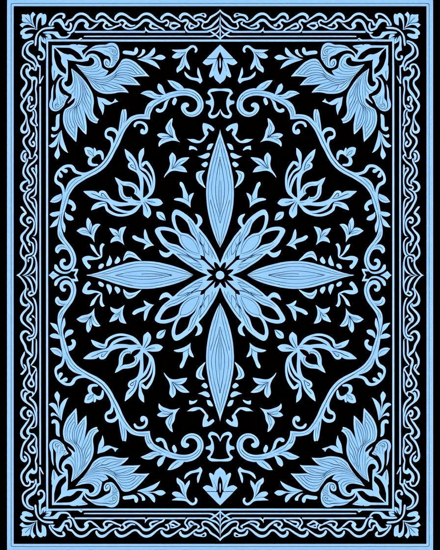 Classic Floral Scrollwork Black And Blue Rug