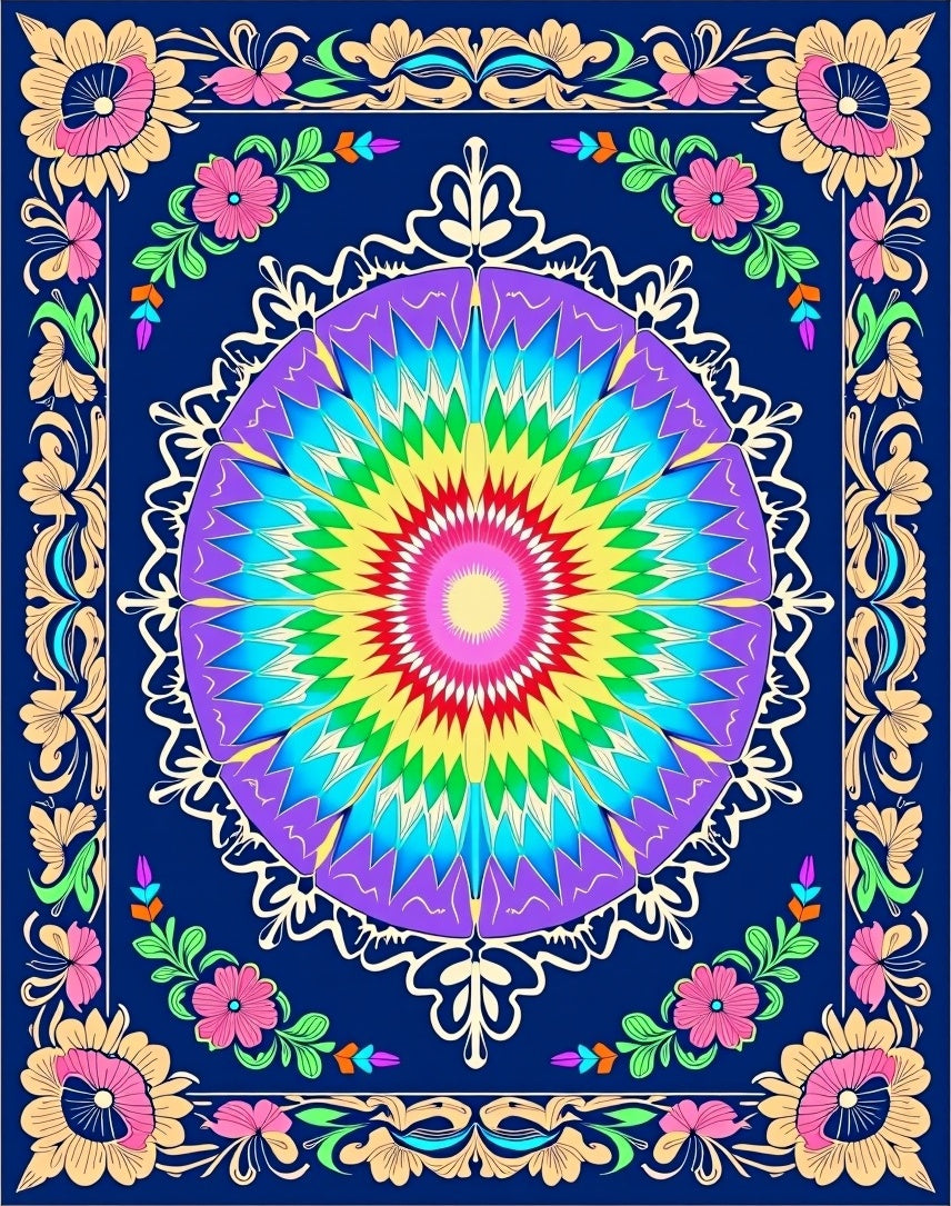 Vibrant Rainbow Mandala Floral Border Rug