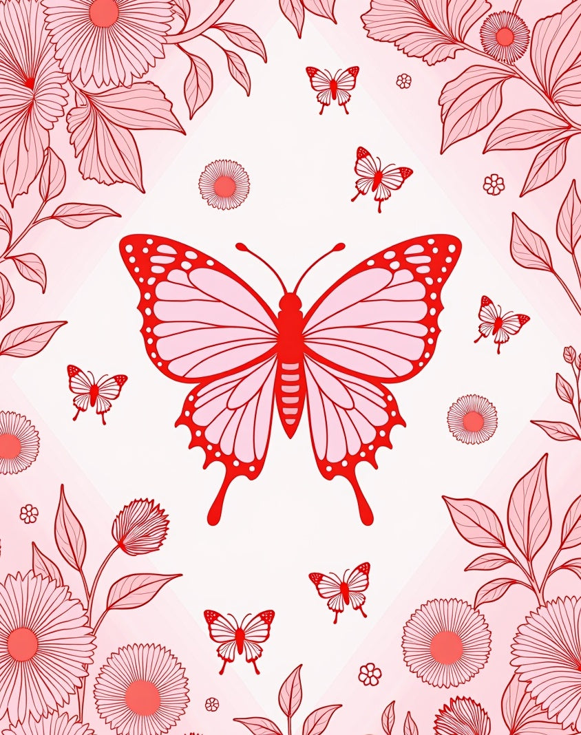 Red Butterfly and Floral Petal Pattern Rug