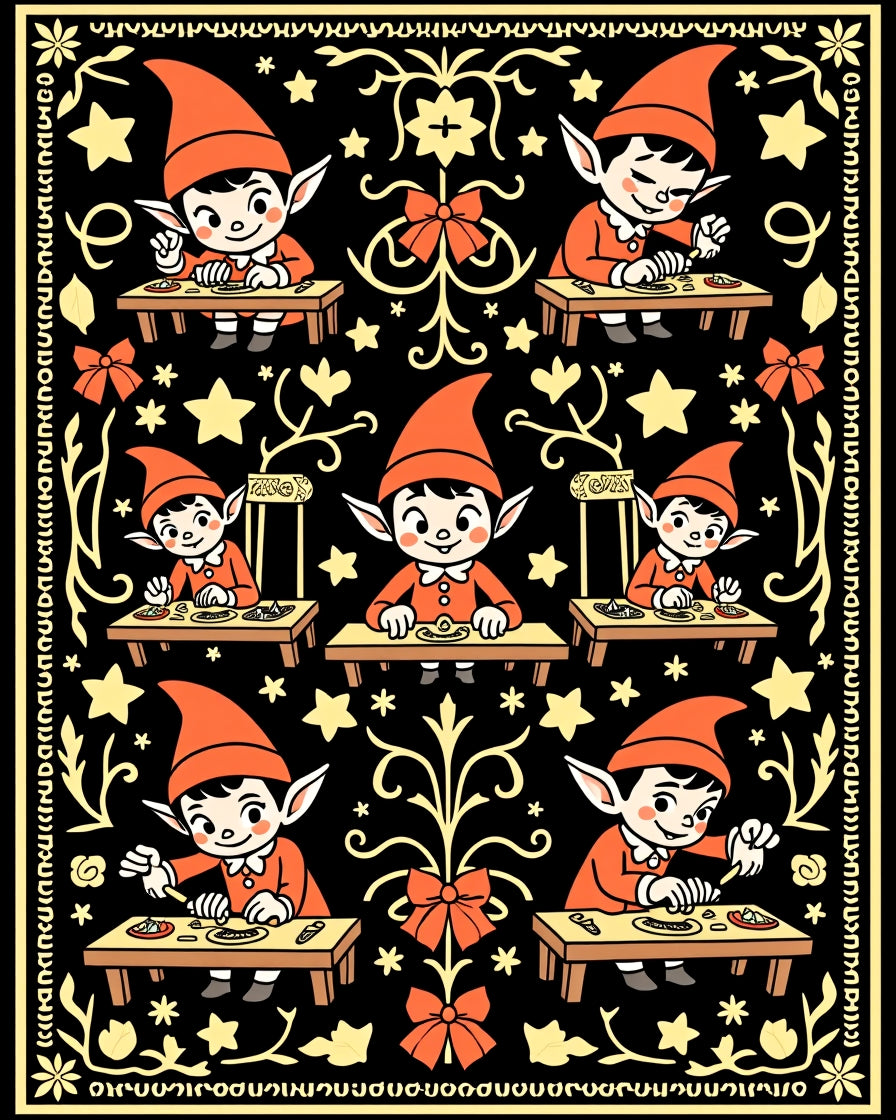 Whimsical Orange Elf Gnomes Black Rug