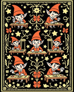 Whimsical Orange Elf Gnomes Black Rug