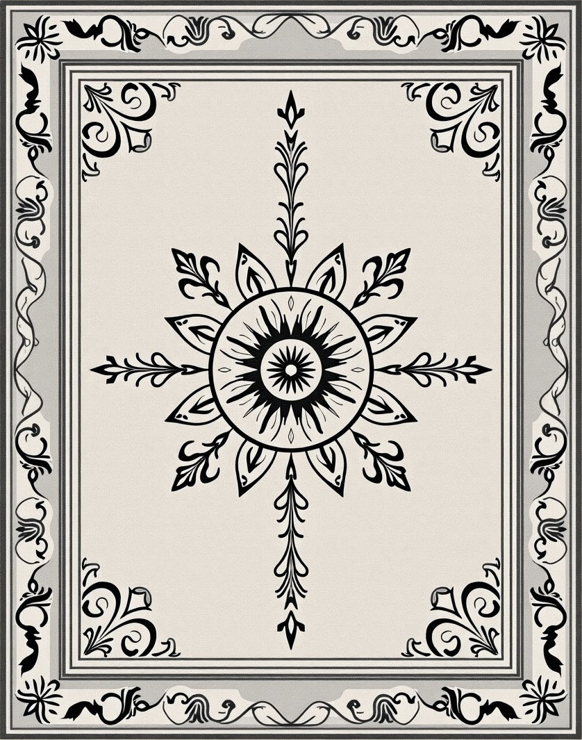 Ornate Black White Floral Sun Rug