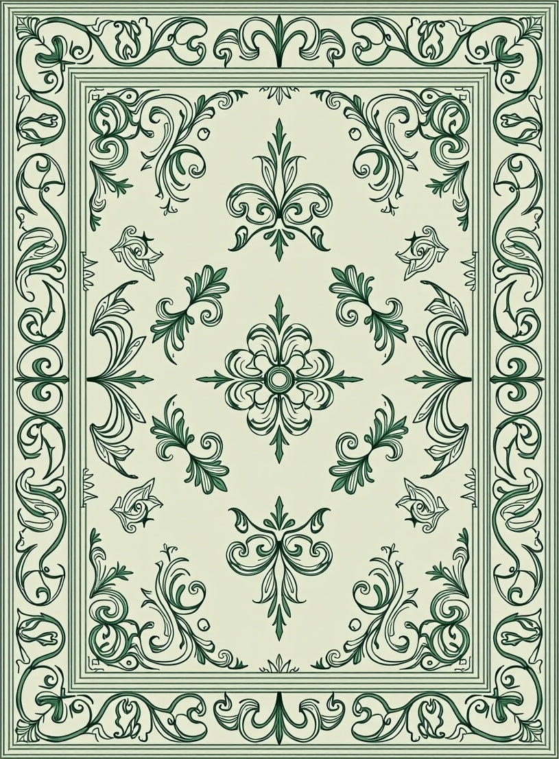 Elegant Green Scrollwork Floral Pattern Rug