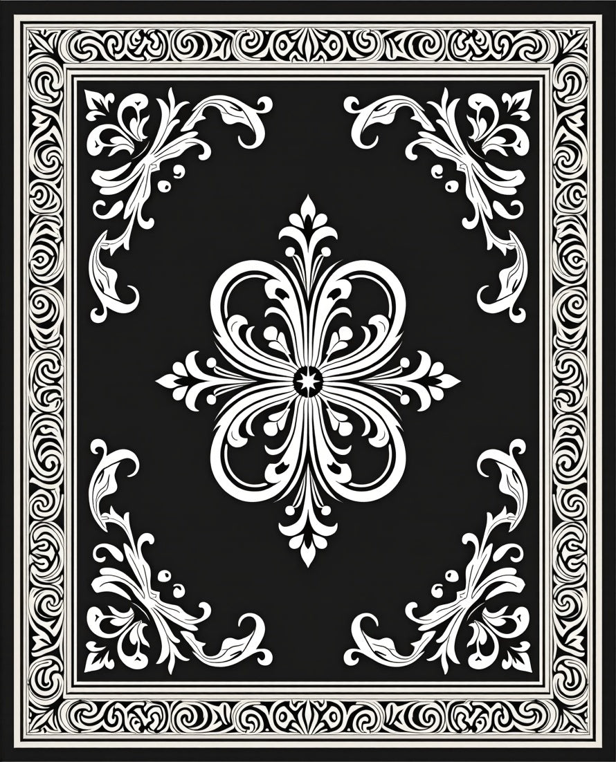 Elegant Black White Damask Floral Rug