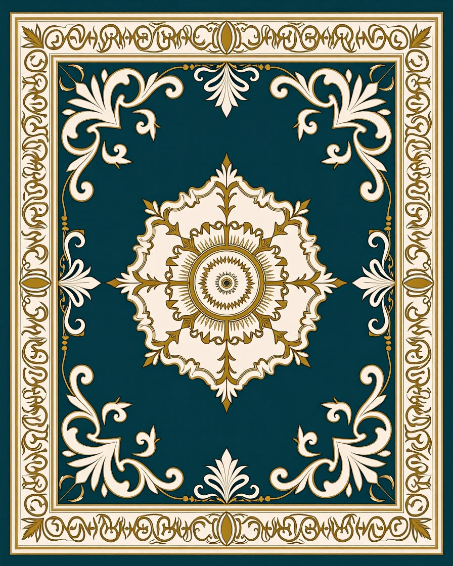 Elegant Teal And Gold Floral Medallion Rug