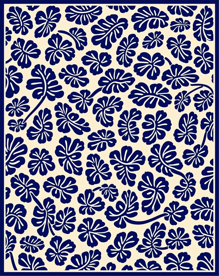 Navy Leaf Pattern With Cream Background Rug