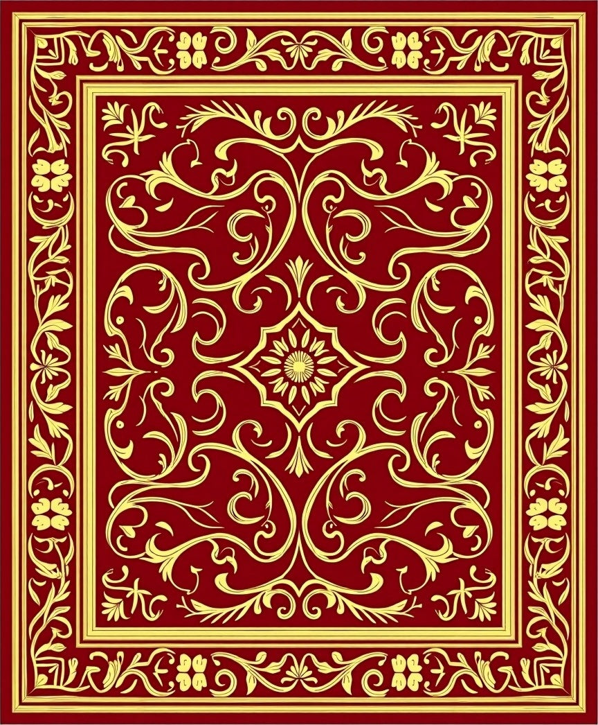 Ornate Red Gold Floral Scroll Rug