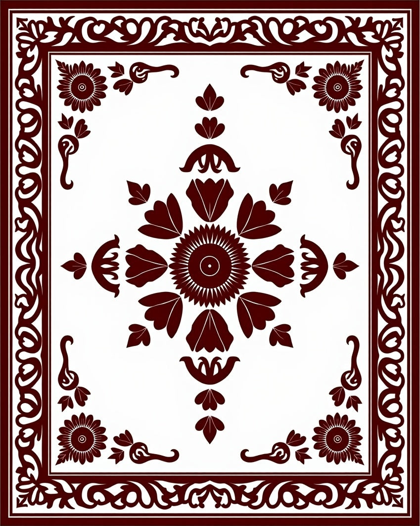 Crimson Floral Medallion Border Pattern Rug