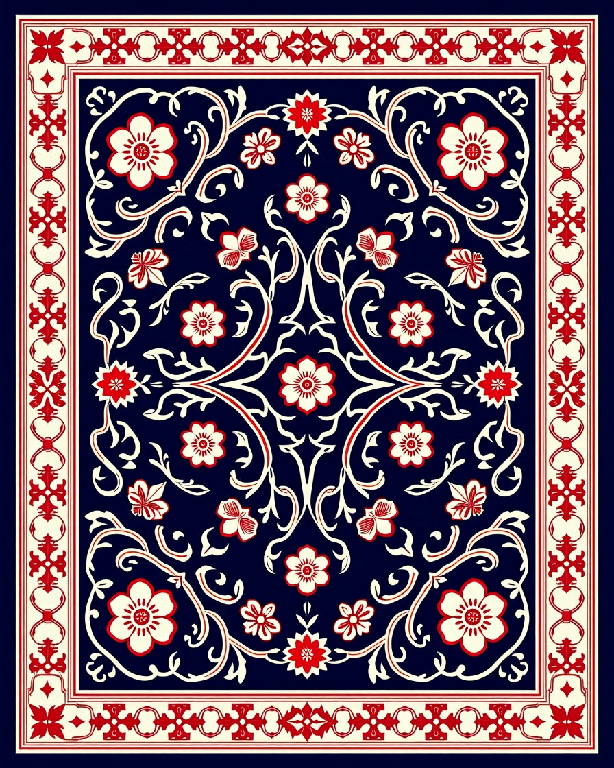 Classic Red White Floral Vine Design Rug