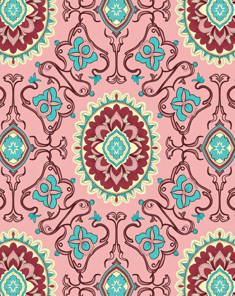 Ornate Floral Teal Medallion Style Rug