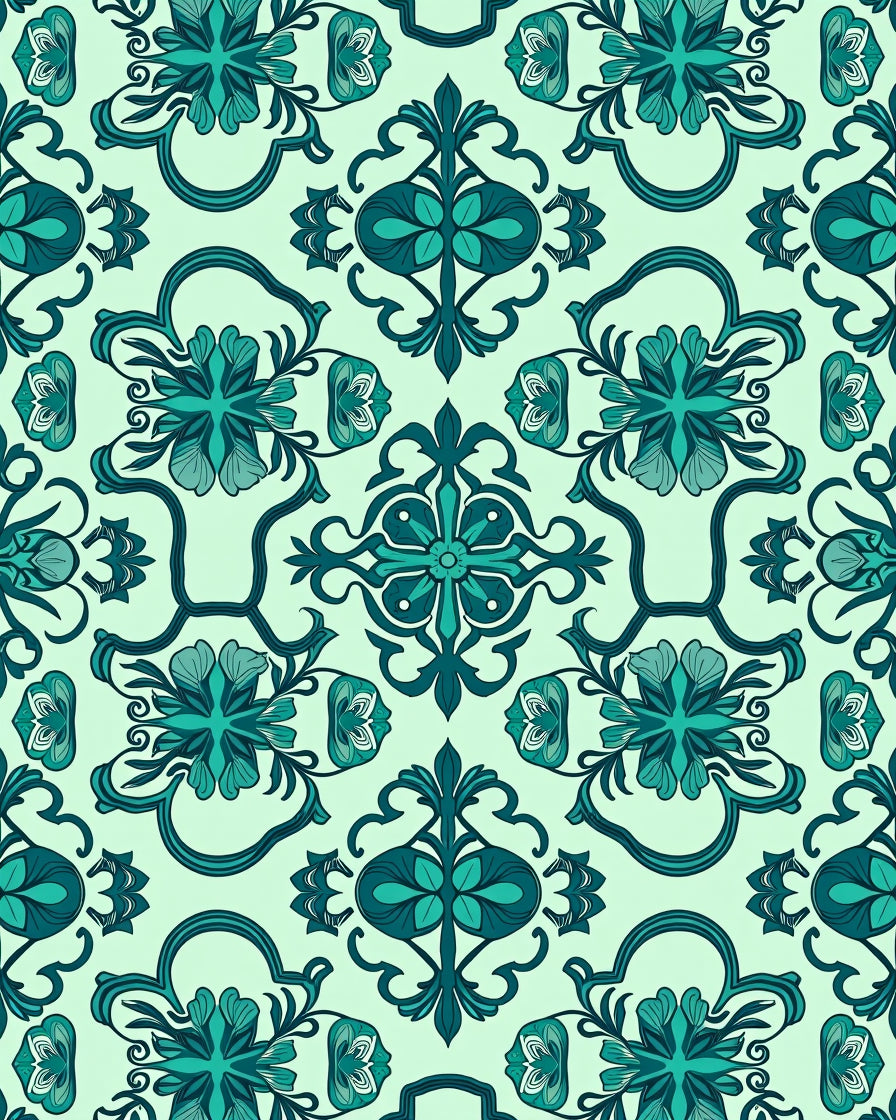 Teal Ornamental Floral Pattern Rug